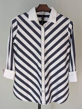 Chico's Button Down Chevron Diagnoal Stripe Tunic Cuffed Sleeve Office Preppy